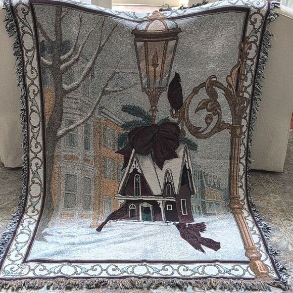 Vintage Christmas Cardinal Winter Village Scene Woven Tapestry Throw Blanket - Picture 10 of 11